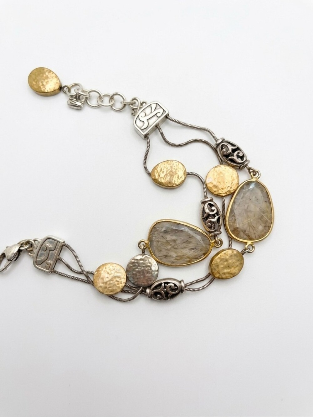 Brighton Mediterranean Bracelet Two Tone Silver Gold Hammered Multi Strand 8"